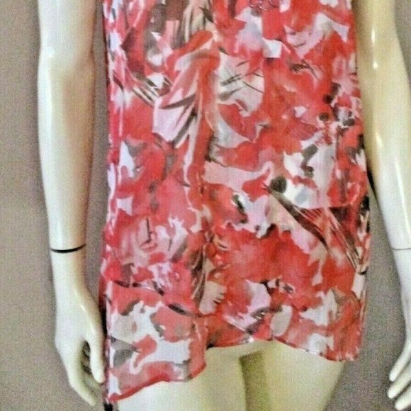 Pretty Coral Floral Hi-Lo Tunic sz M Sheer Crepe Chiffon - Picture 2 of 11
